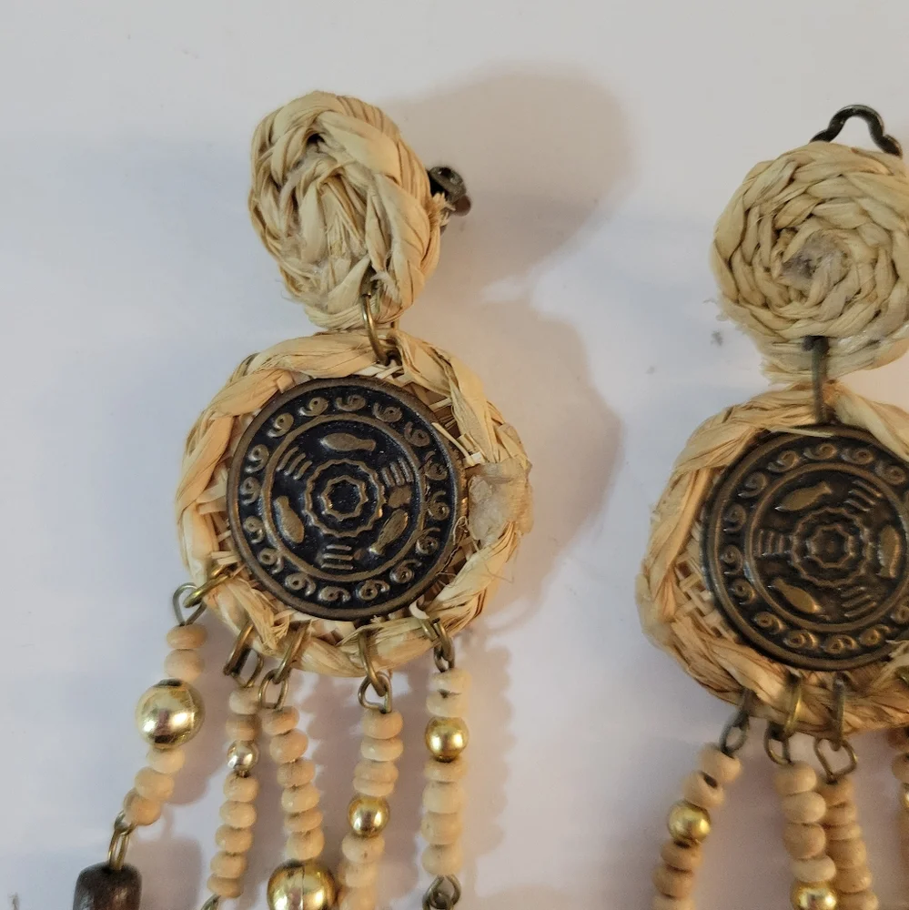 Natural Boho Raffia Tassel Clip On Earrings